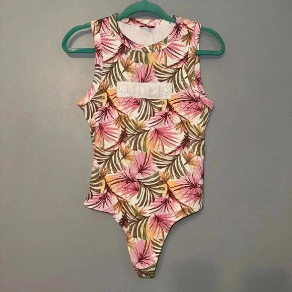 EUC Guess Floral Tropical Stretch Bodysuit One Piece Size Large - Picture 1 of 7